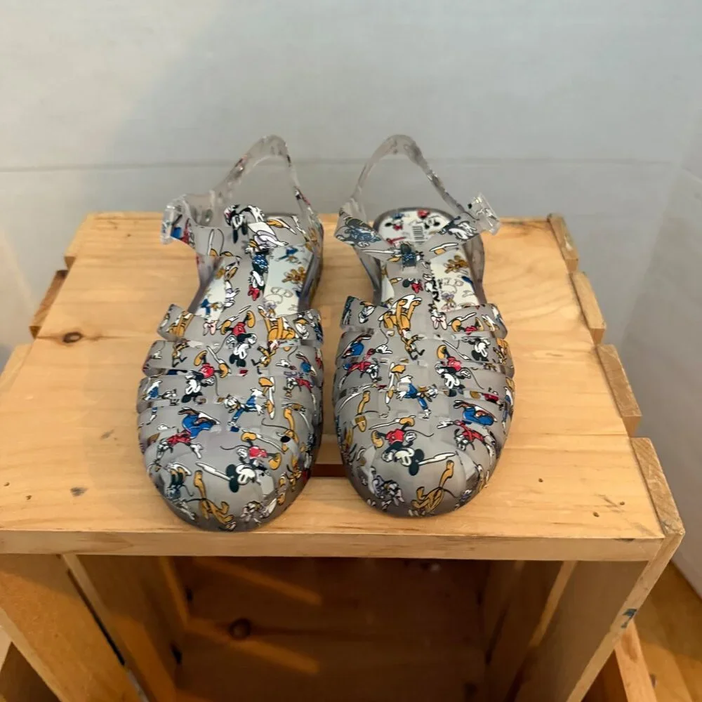 Disney x Mini Melissa Size 2 Gray Mickey & Friends Roman Fisherman Jelly Sandals